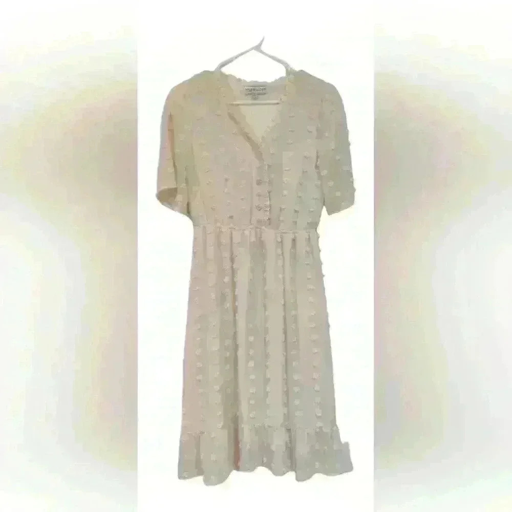 Cream Midi Sundress with V-Neck and Mandarin Collar